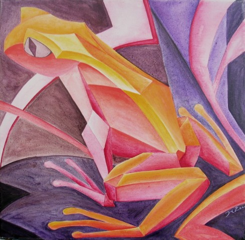 Acrylbild eine bunten Frosches vor dunklem  Hintergrund